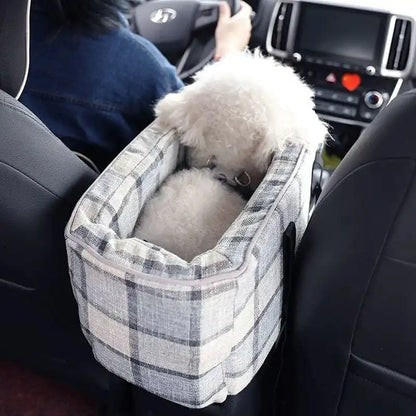 2 in 1 Console Dog Car Seat Double Hand Strap Design, Portable with Handle Safe Car Armrest Box Booster Kennel Bed for Cats Dogs