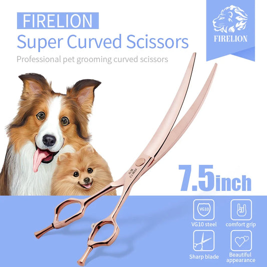 FIRELION Professional VG10 6.5/7.0/7.5 Inch Dog Grooming Curve Cutting Scissors Animal Gold Pet Super Curved Scissors for Dogs