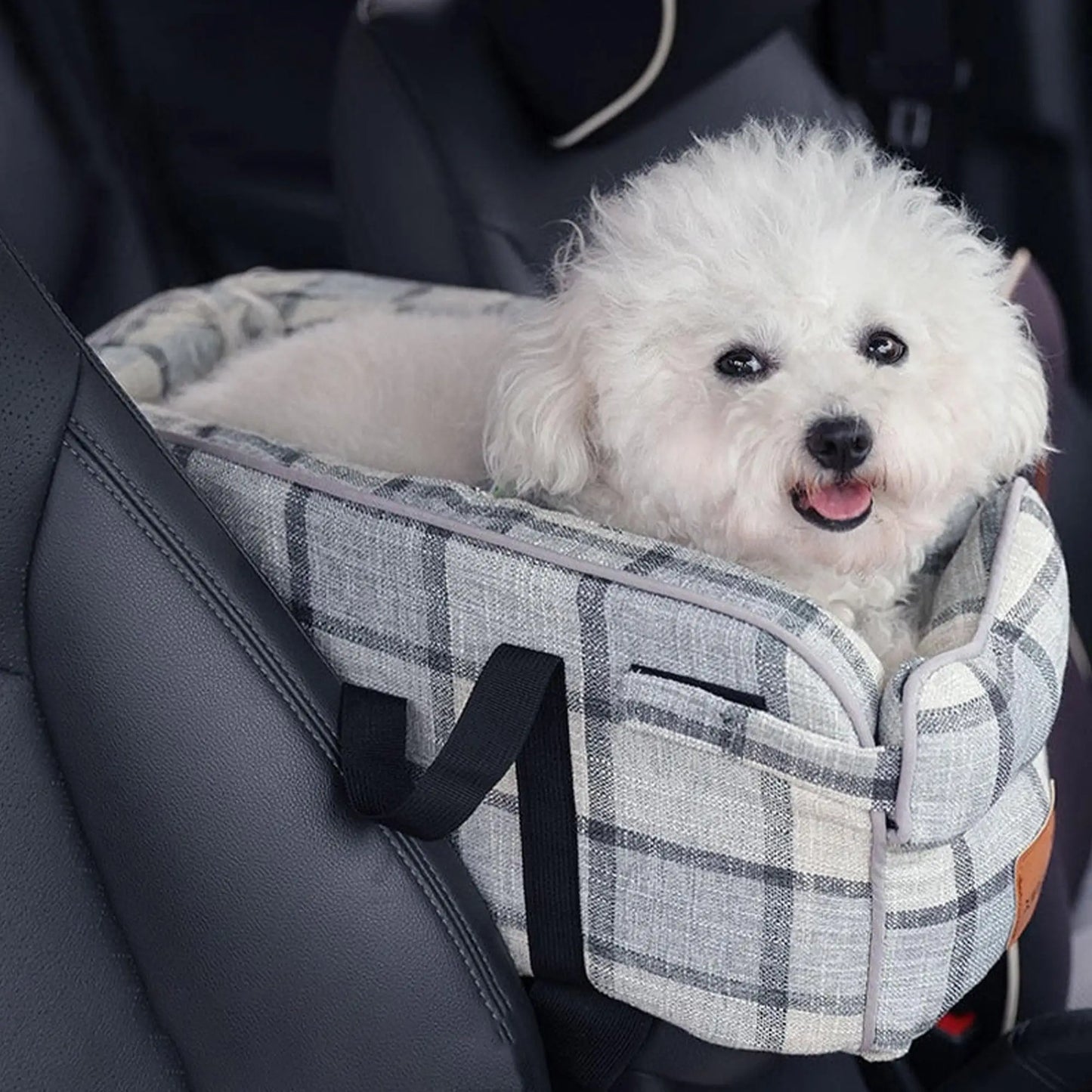 2 in 1 Console Dog Car Seat Double Hand Strap Design, Portable with Handle Safe Car Armrest Box Booster Kennel Bed for Cats Dogs